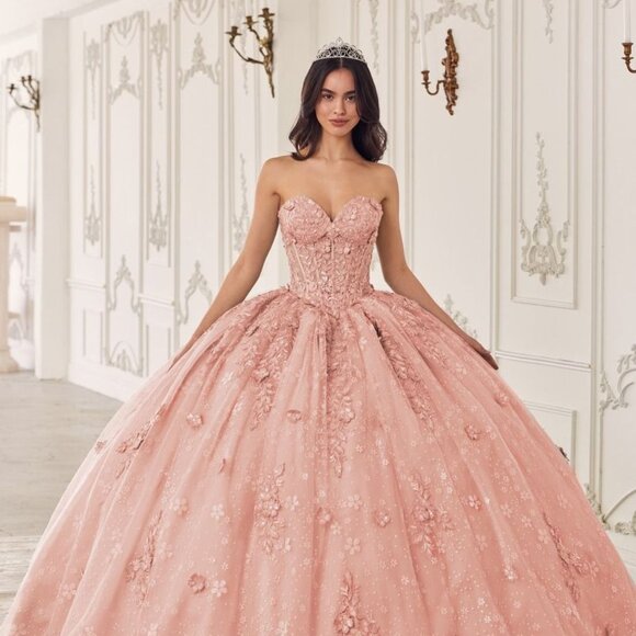 Strapless Lace with Puff Sleeves Gown by Cinderella Divine 15722 - Quinceanera